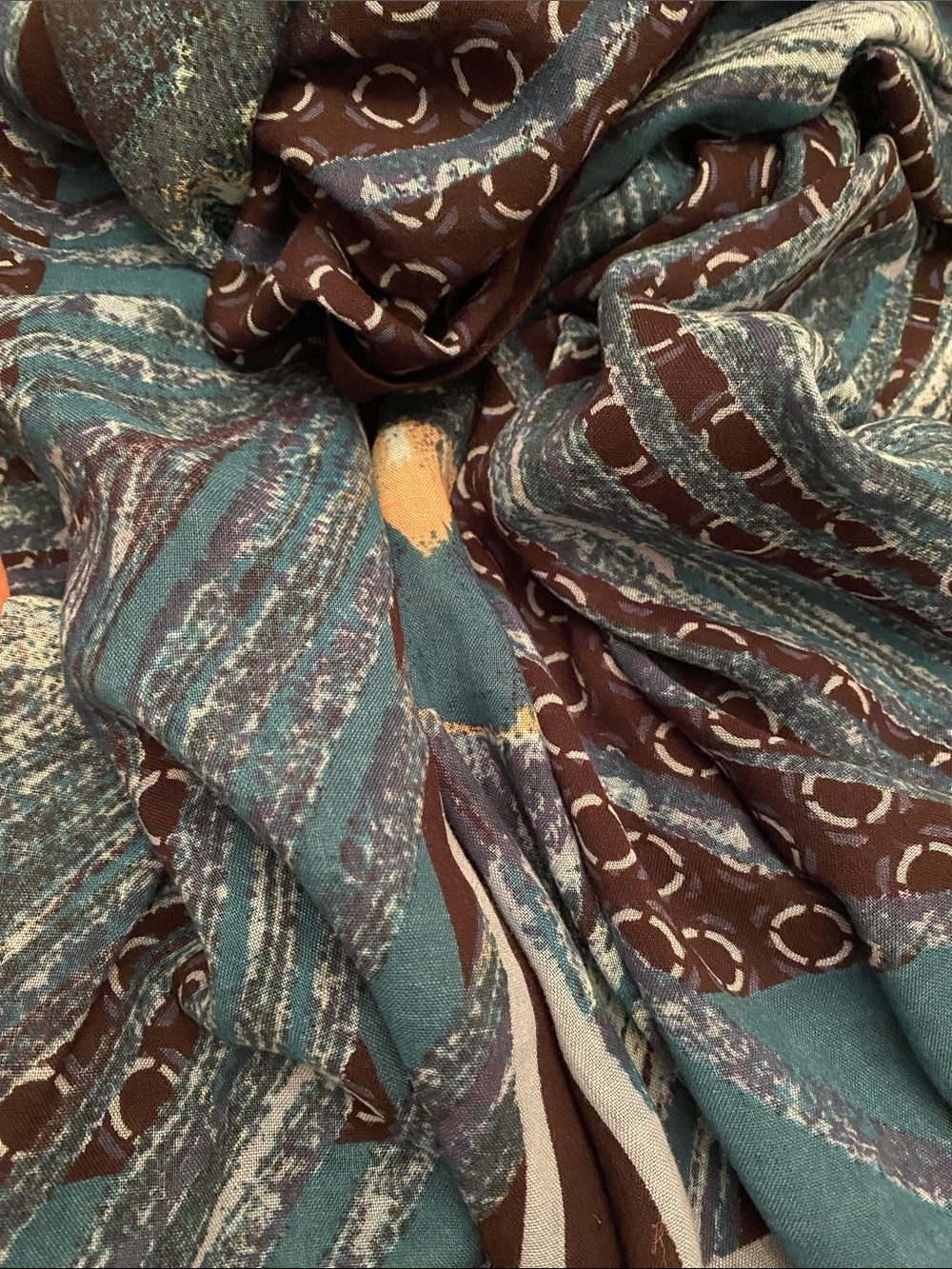 Talbots Teal & Black Peacock Theme Oblong Scarf • Fringe Edge